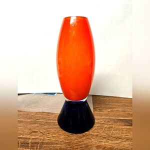 Vintage Y2K Petr Vlcek? Orange & Navy Bohemian Glass Vase (unsigned)